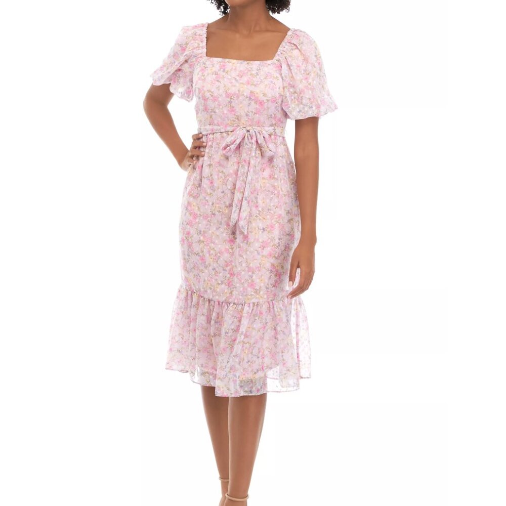 Julia Jordan Women's Short Puff Sleeve Floral Print Clip Dot Midi Dress 16